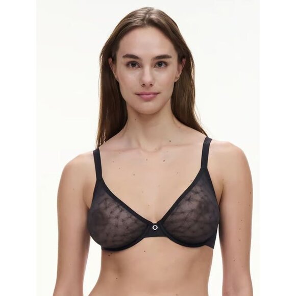 🆕 Chantelle Stella Lace Sheer Underwire Non-Padded Bra 36DDDD Black #14IM1 - Picture 2 of 7